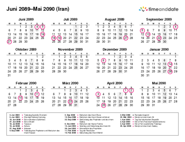 Kalender für 2089 in Iran
