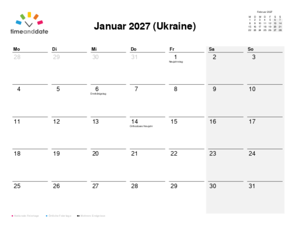 Kalender für 2027 in Ukraine