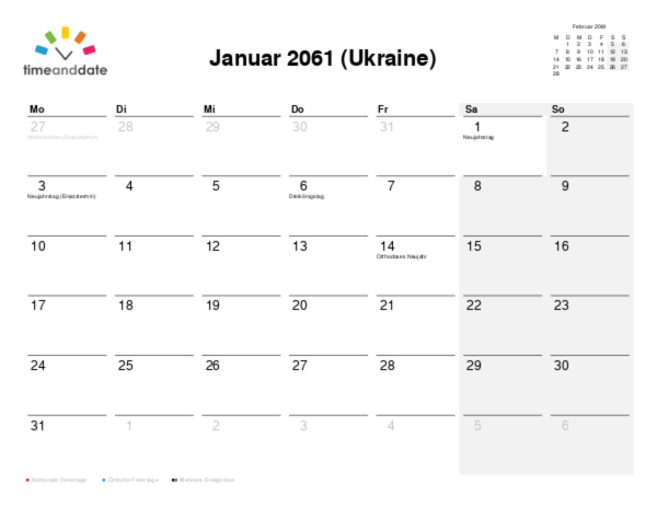 Kalender für 2061 in Ukraine