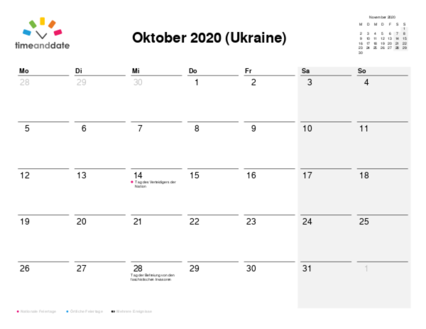 Kalender für 2020 in Ukraine
