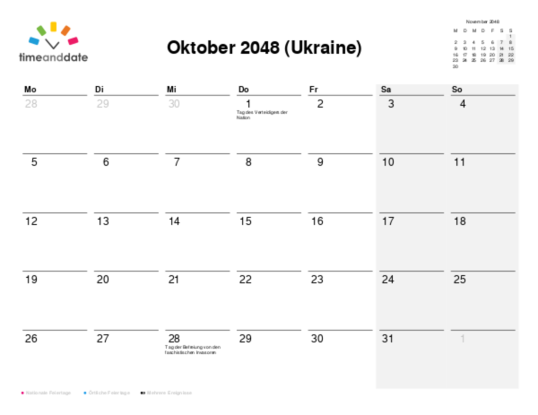 Kalender für 2048 in Ukraine