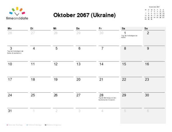 Kalender für 2067 in Ukraine
