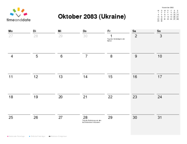 Kalender für 2083 in Ukraine