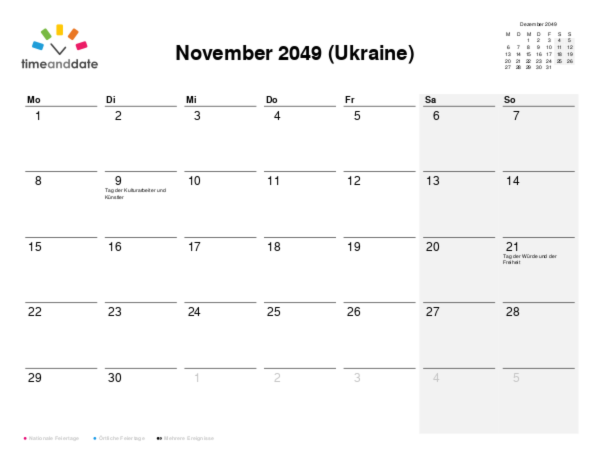 Kalender für 2049 in Ukraine