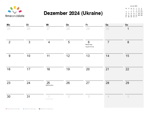 Kalender für 2024 in Ukraine
