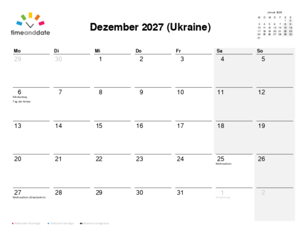 Kalender für 2027 in Ukraine