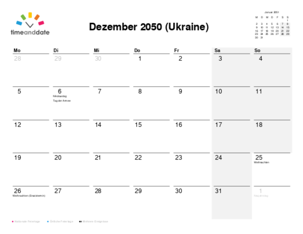 Kalender für 2050 in Ukraine