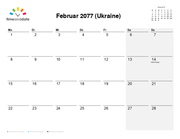 Kalender für 2077 in Ukraine