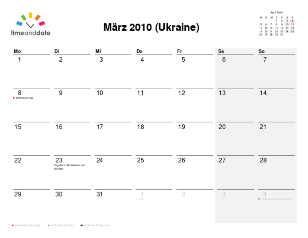 Kalender für 2010 in Ukraine