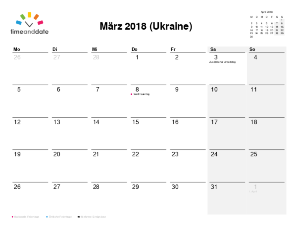 Kalender für 2018 in Ukraine