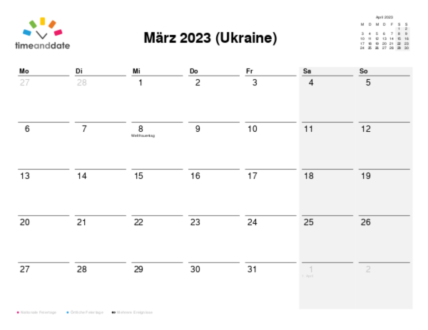 Kalender für 2023 in Ukraine