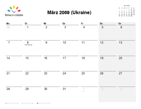 Kalender für 2089 in Ukraine