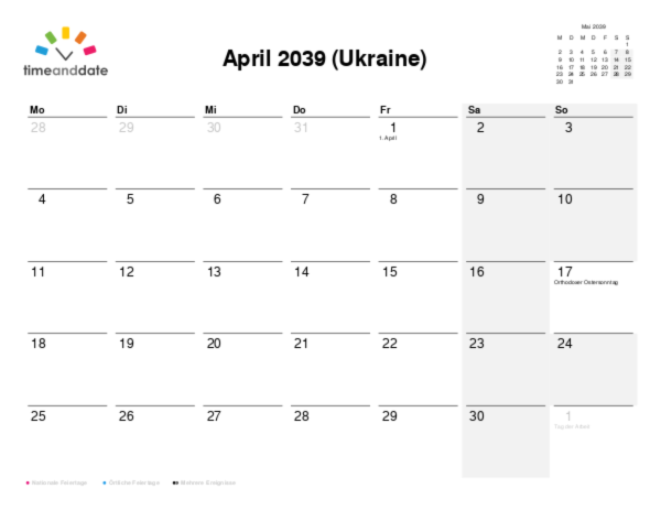 Kalender für 2039 in Ukraine