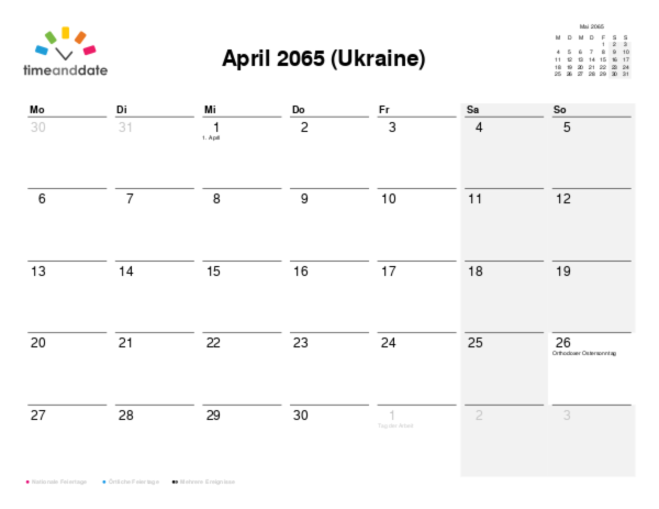 Kalender für 2065 in Ukraine