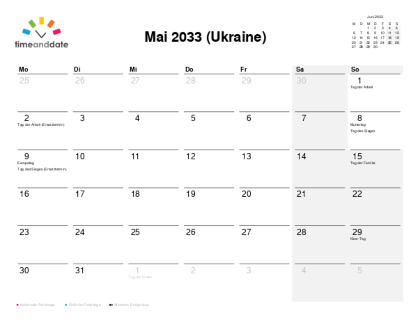Kalender für 2033 in Ukraine
