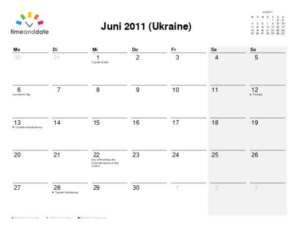 Kalender für 2011 in Ukraine