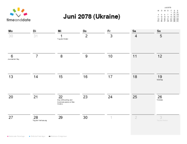 Kalender für 2078 in Ukraine