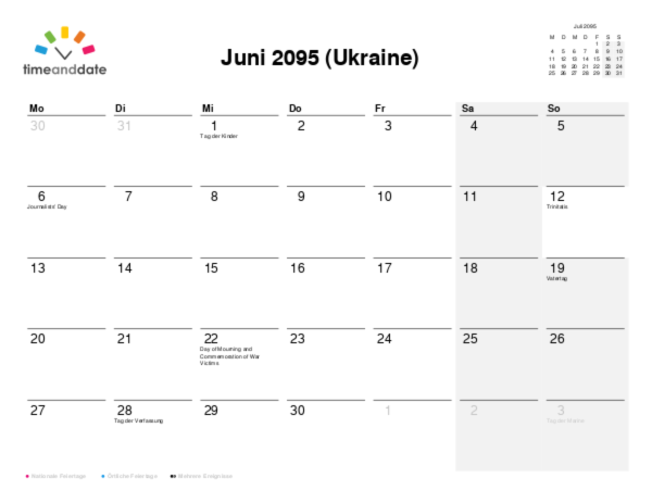 Kalender für 2095 in Ukraine