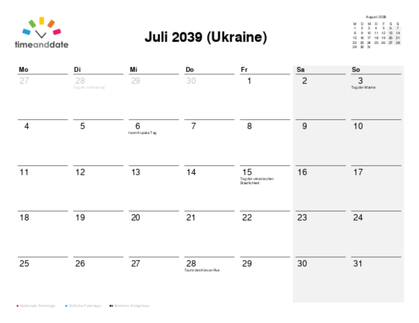 Kalender für 2039 in Ukraine