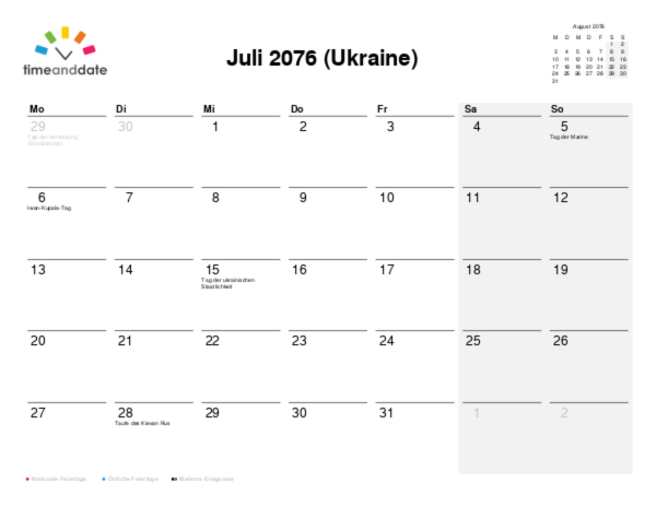 Kalender für 2076 in Ukraine