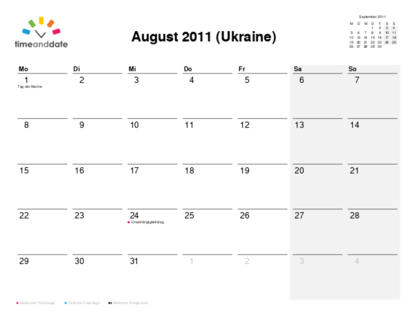 Kalender für 2011 in Ukraine