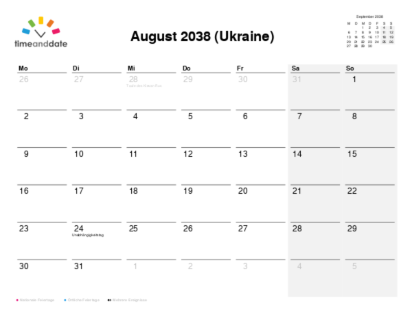 Kalender für 2038 in Ukraine