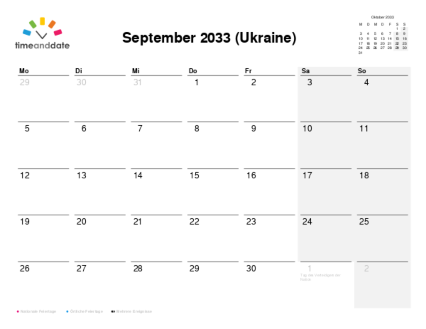 Kalender für 2033 in Ukraine