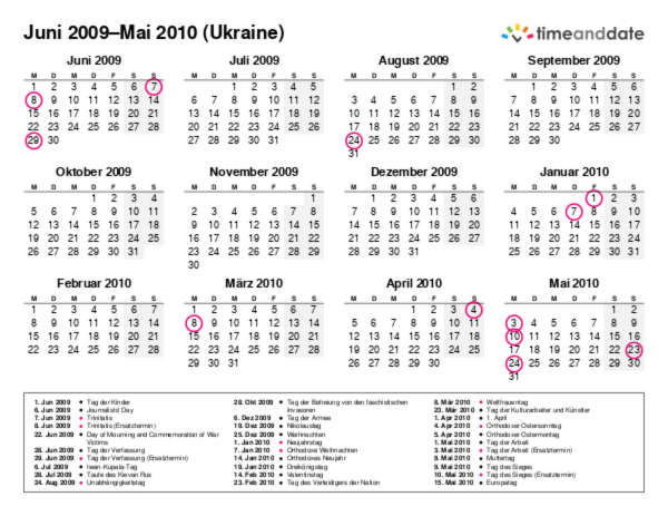Kalender für 2009 in Ukraine
