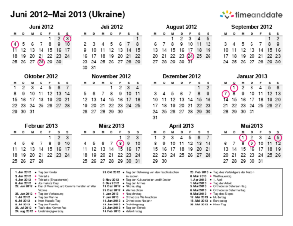 Kalender für 2012 in Ukraine