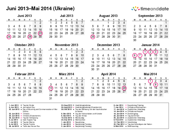 Kalender für 2013 in Ukraine