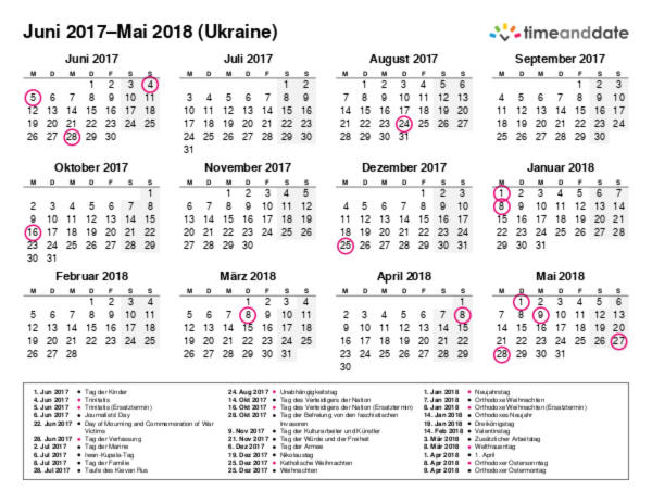 Kalender für 2017 in Ukraine