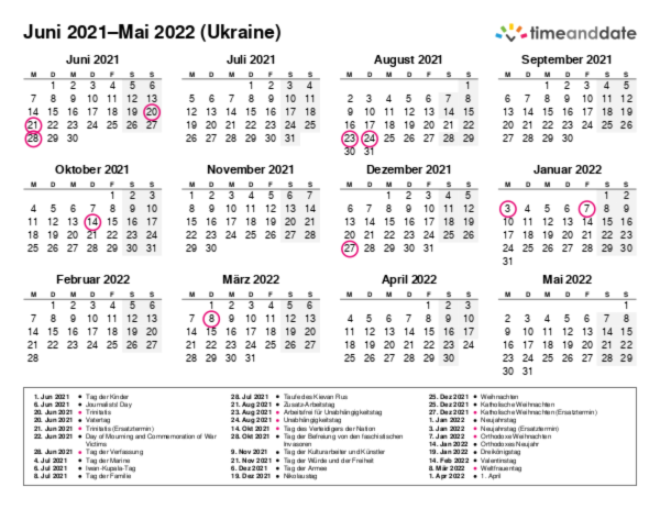 Kalender für 2021 in Ukraine