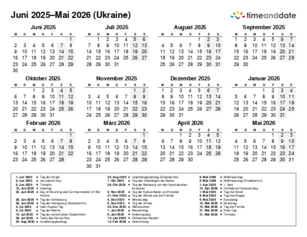 Kalender für 2025 in Ukraine