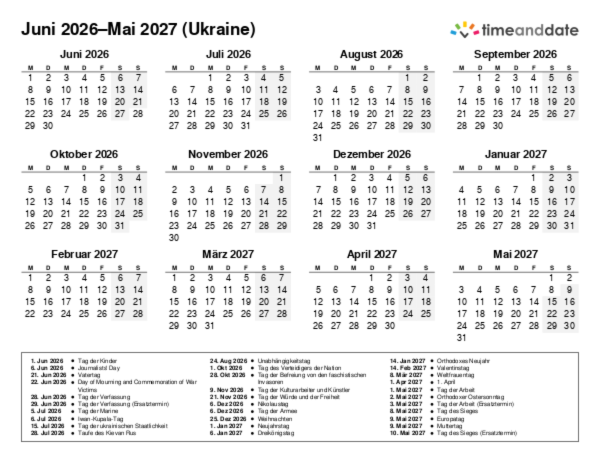 Kalender für 2026 in Ukraine