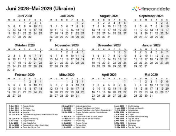 Kalender für 2028 in Ukraine