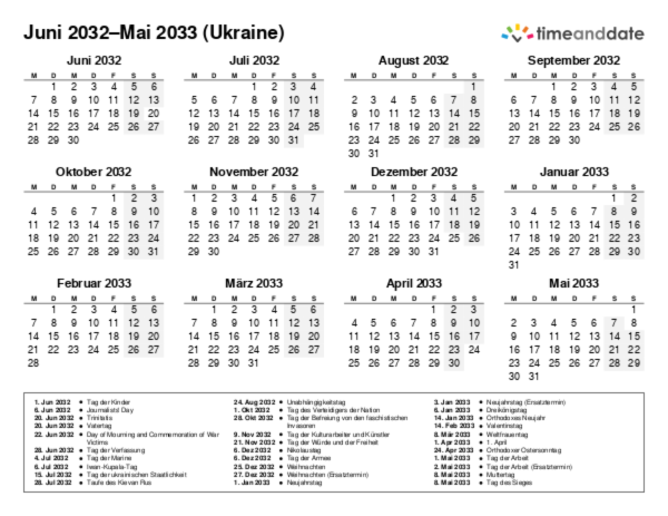 Kalender für 2032 in Ukraine