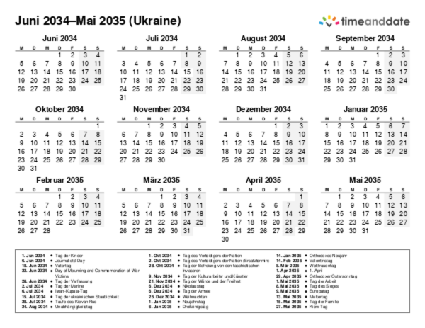 Kalender für 2034 in Ukraine