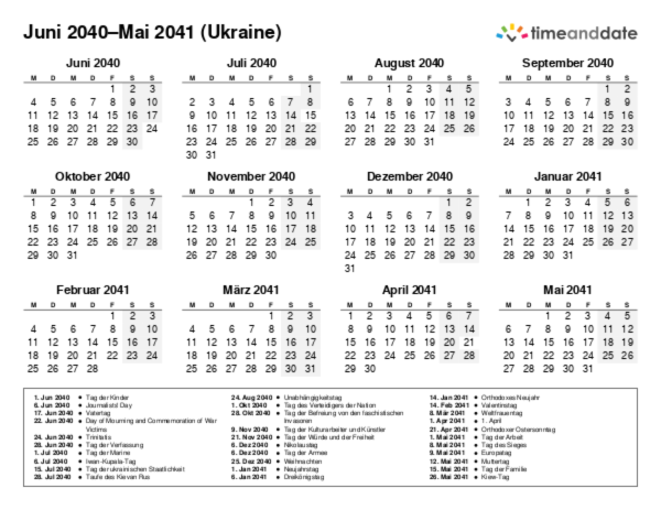 Kalender für 2040 in Ukraine