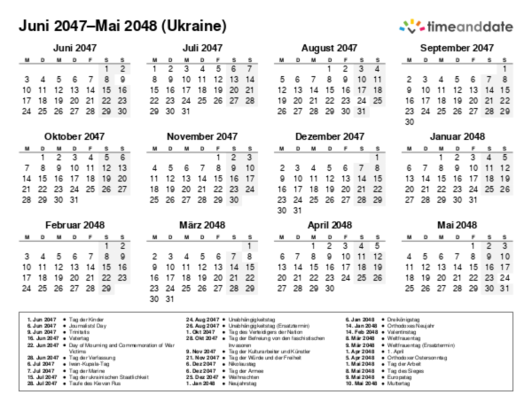 Kalender für 2047 in Ukraine