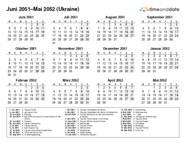 Kalender für 2051 in Ukraine