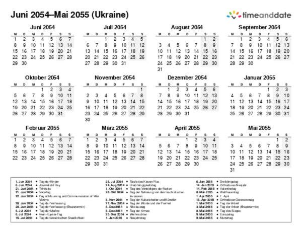 Kalender für 2054 in Ukraine
