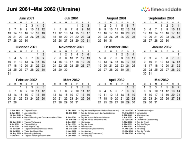 Kalender für 2061 in Ukraine