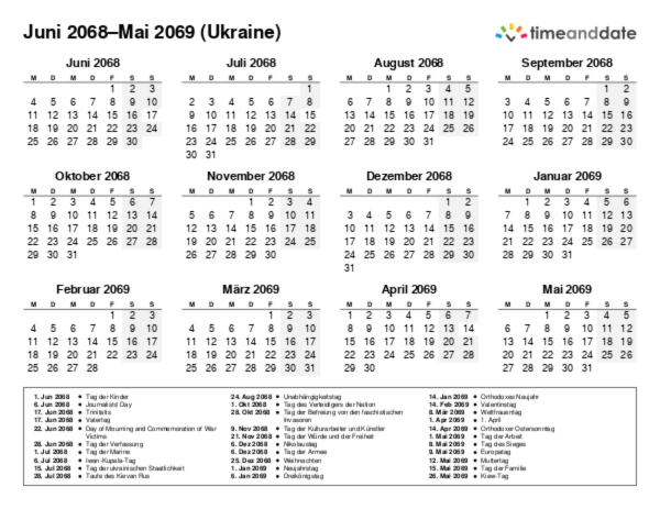Kalender für 2068 in Ukraine