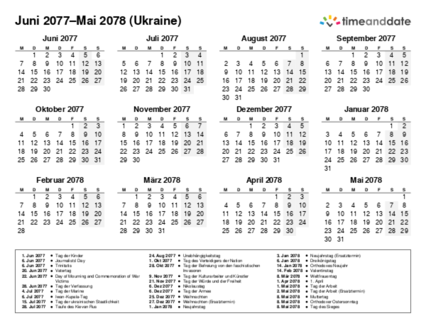 Kalender für 2077 in Ukraine