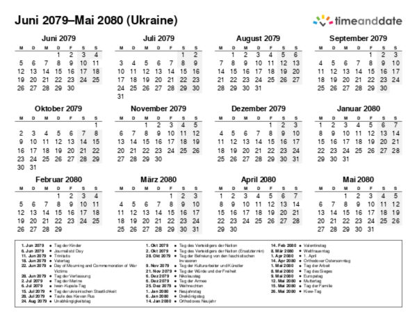 Kalender für 2079 in Ukraine