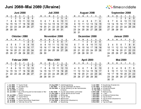 Kalender für 2088 in Ukraine