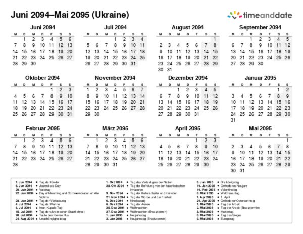 Kalender für 2094 in Ukraine