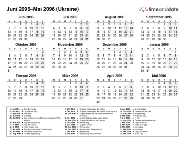 Kalender für 2095 in Ukraine