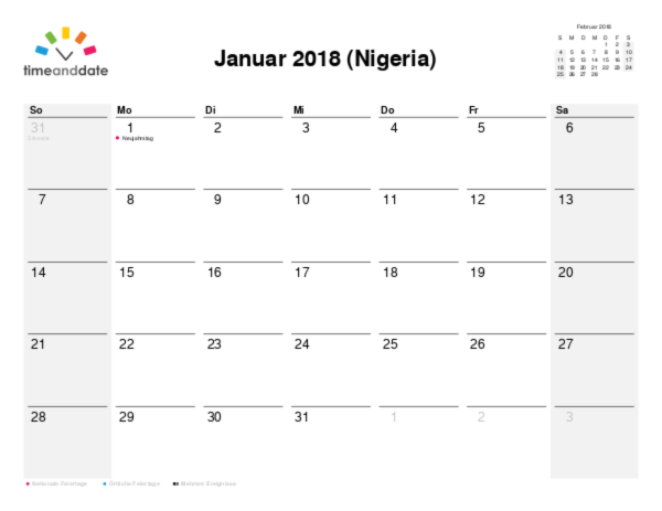 Kalender für 2018 in Nigeria