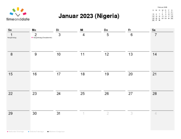 Kalender für 2023 in Nigeria
